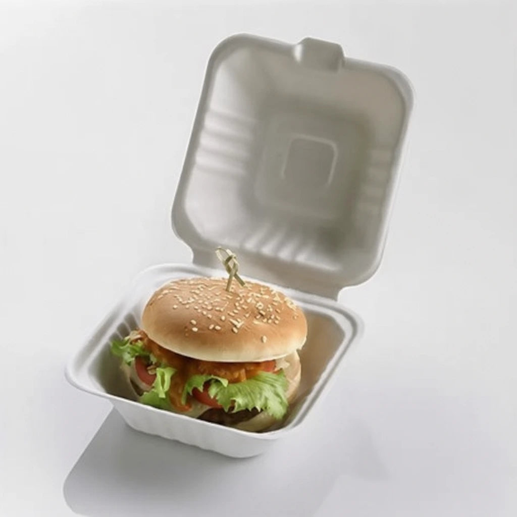 Hamburger Box Termico in Bagassa - Cartone da 600 pz. (cm. 14,8x15,5x8h.) | Recreate the image exactly as it is. Don’t change, remove, combine, or add anything.