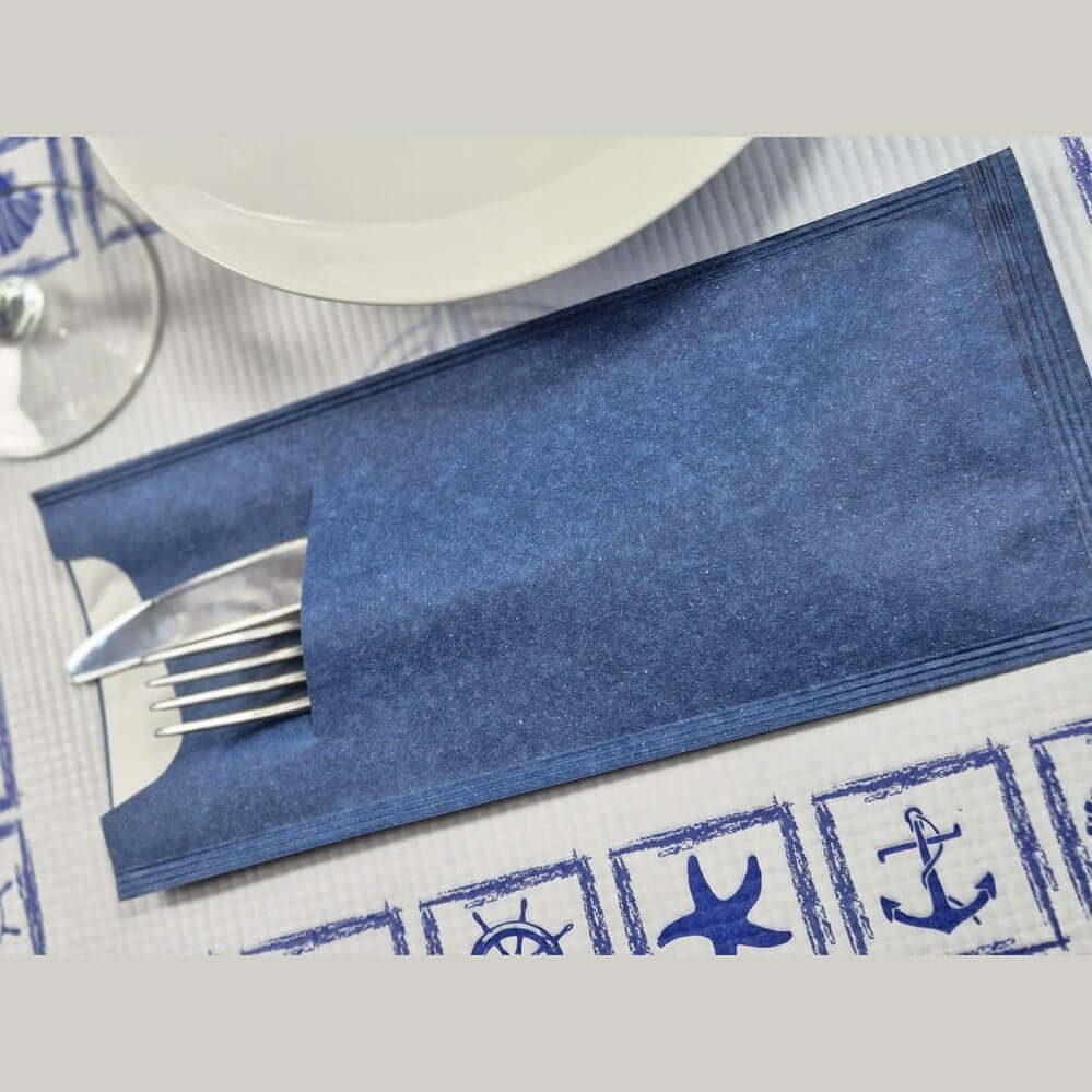 Busta portaposate Airwave in carta paglia blu con tovagliolo – 1000 pz.