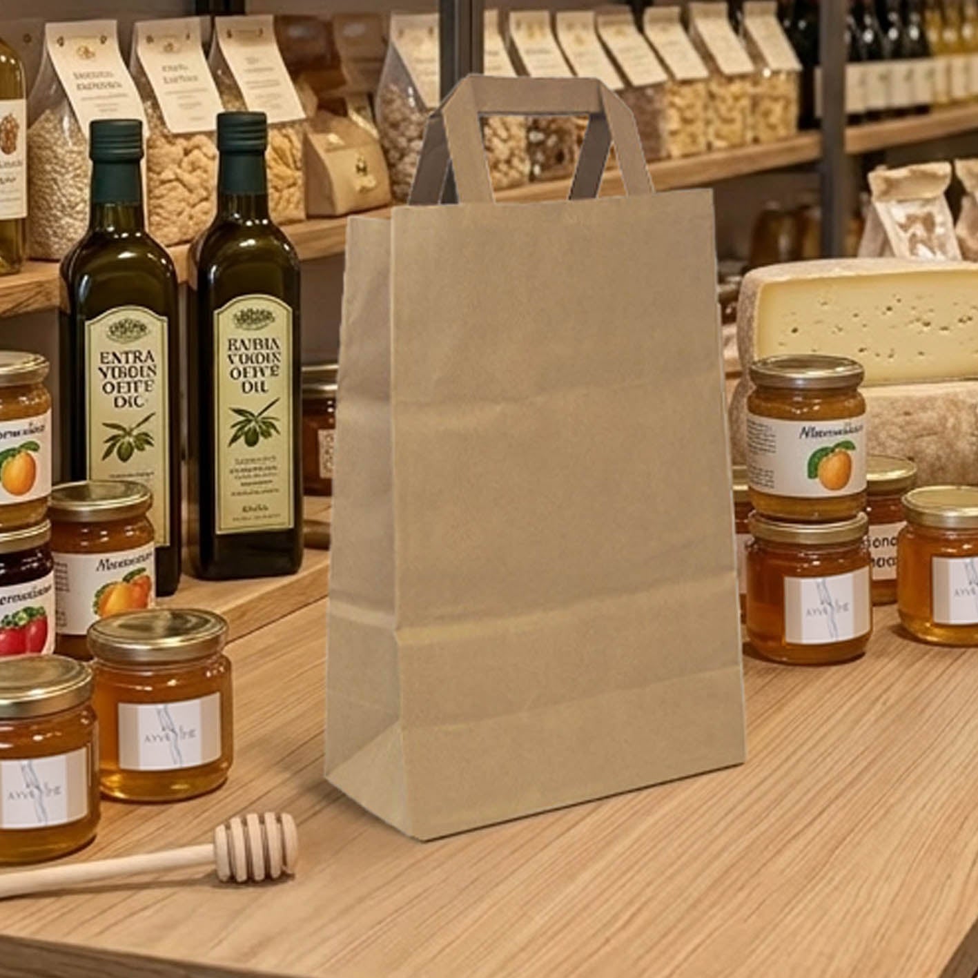 Busta shopper in carta avana da cm. 18+10x29h con manico piatto - 350 pz.