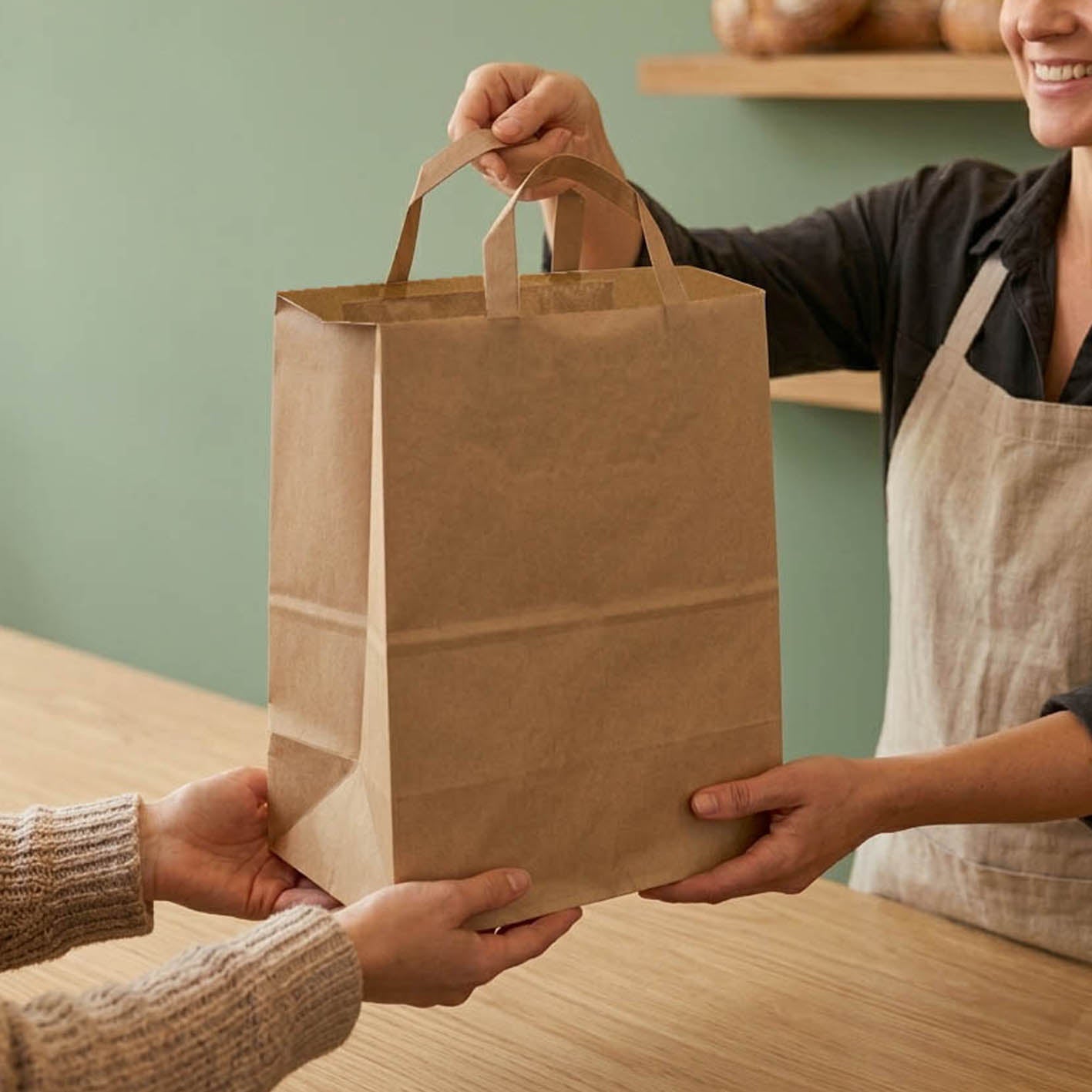 Busta shopper in carta avana da cm. 22+12x29h con manico piatto - 100 pz.