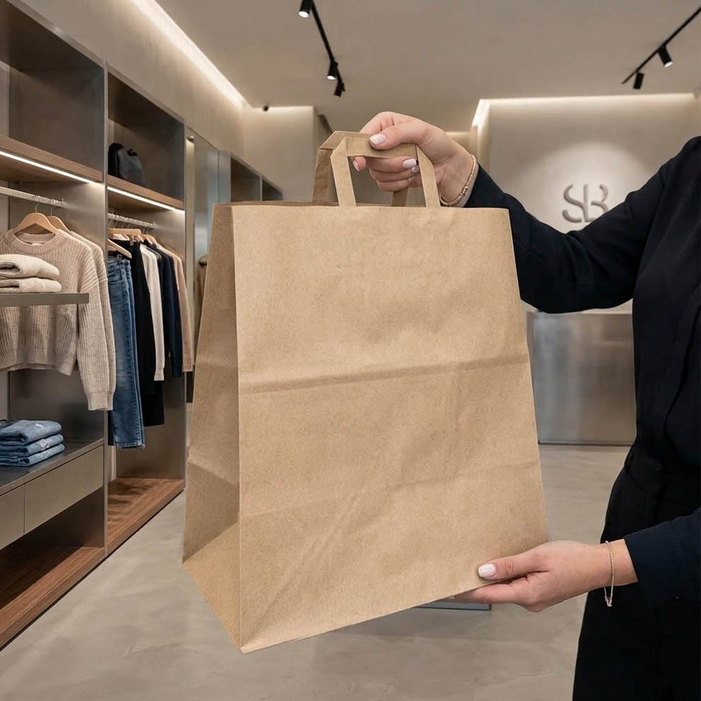 Busta shopper in carta avana da cm. 32+13x41h con manico piatto - 250 pz.