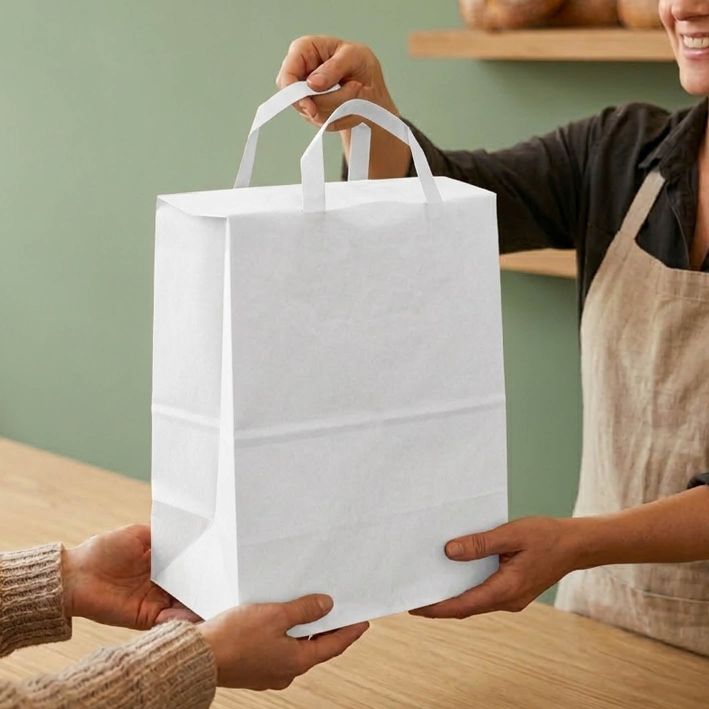 Busta shopper in carta da cm. 26+16x31h con manico piatto - 100 pz.