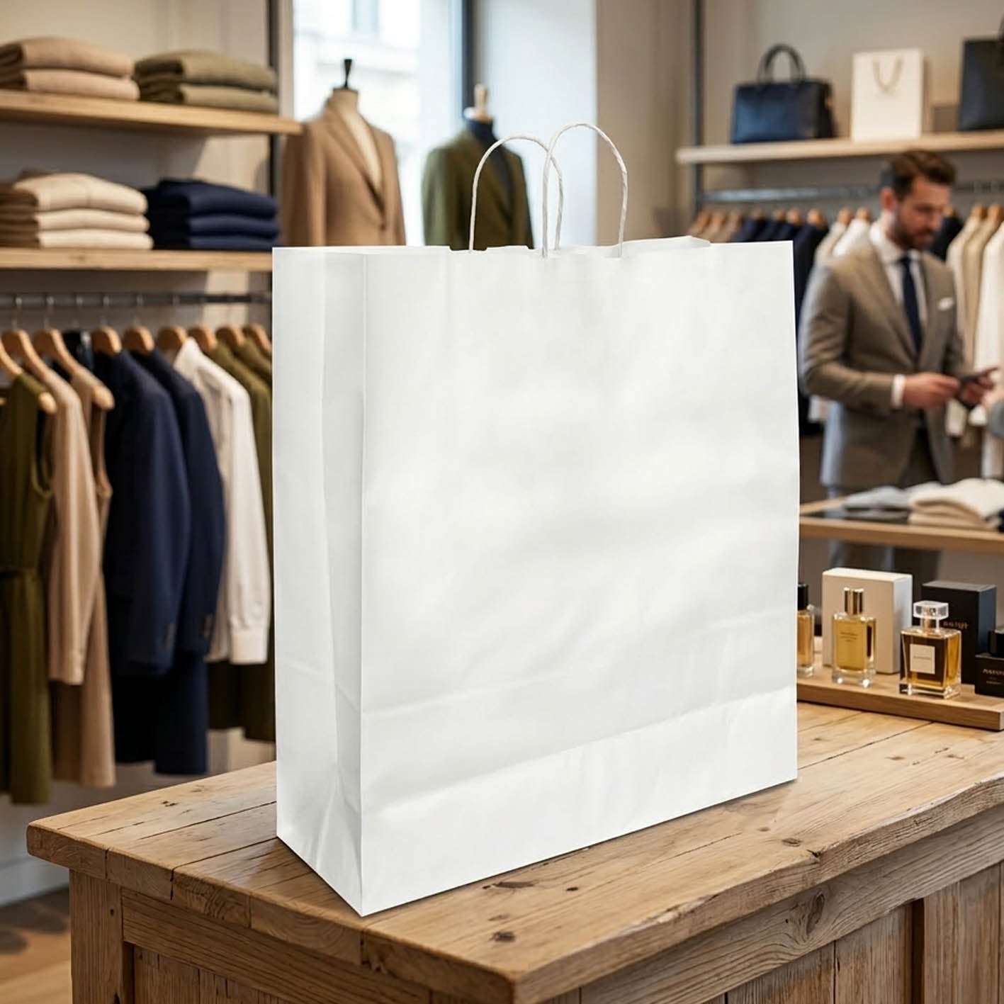 Busta shopper in carta da cm. 46+16x49h con manico piatto - 200 pz.