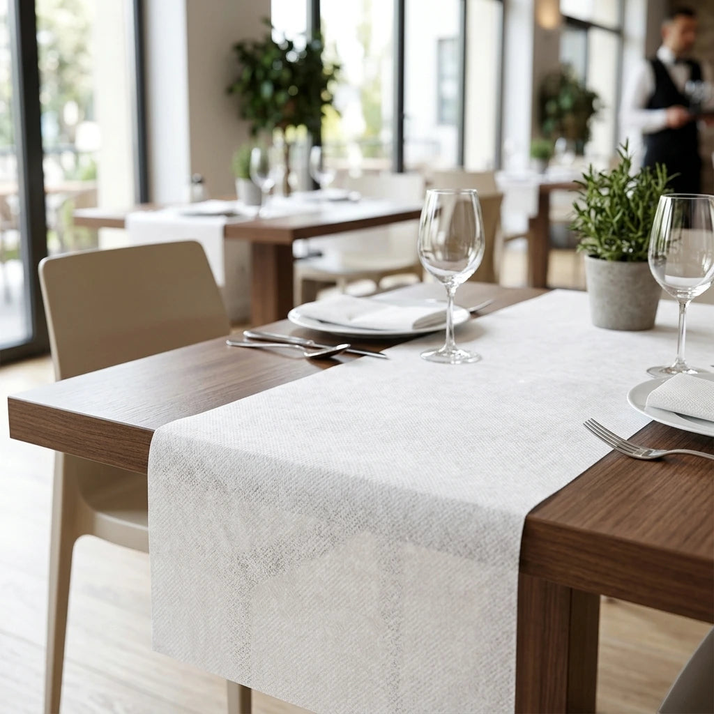 Runner Tnt Bianco Ecostrong cm. 120X48 | Vorrei che i prodotti selezionati siano ambientati in un bel ristorante luminoso e realistico, sono tutti runner monouso in tessuto non tessuto pertanto non dev