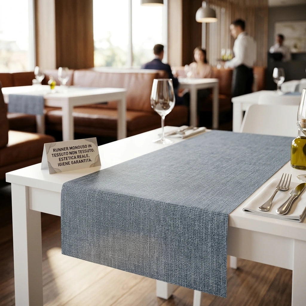 Runner Tnt Ella Avio Micro cm. 120X48 - 200 pz. | Vorrei che i prodotti selezionati siano ambientati in un bel ristorante luminoso e realistico, sono tutti runner monouso in tessuto non tessuto pertanto non dev