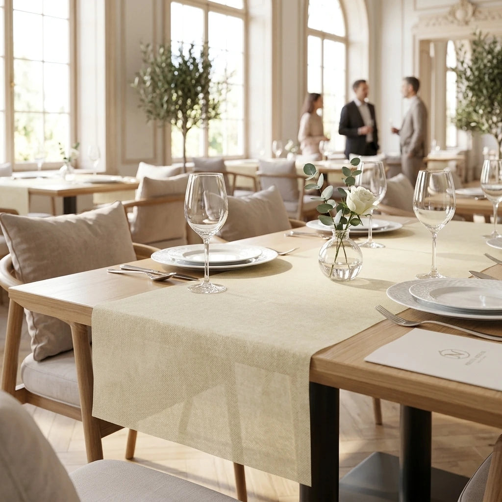 Runner Tnt Ella Beige Micro cm. 120X48 - 200 pz. | Vorrei che i prodotti selezionati siano ambientati in un bel ristorante luminoso e realistico, sono tutti runner monouso in tessuto non tessuto pertanto non dev