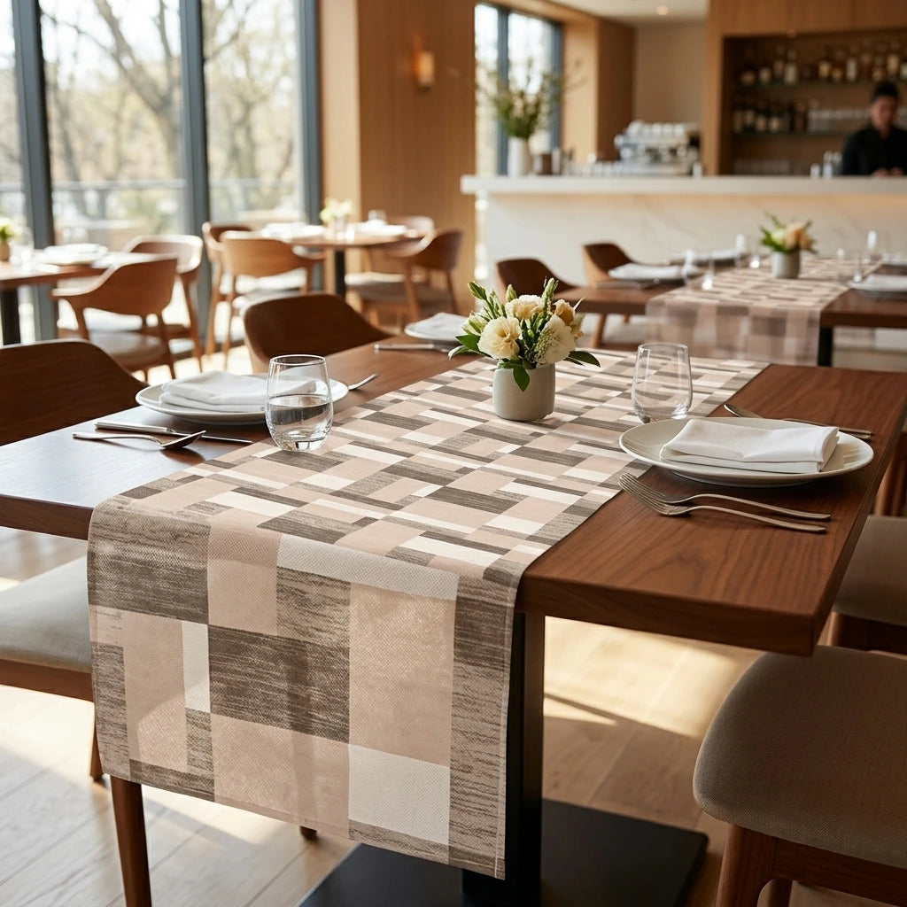 Runner Tnt Kuadra Nocciola plus cm. 120X48 - 200 pz. | Vorrei che i prodotti selezionati siano ambientati in un bel ristorante luminoso e realistico, sono tutti runner monouso in tessuto non tessuto pertanto non dev