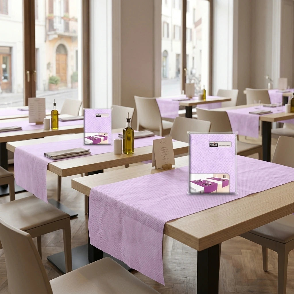 Runner Tnt Lilla Airspun cm. 120X48 - 200 pz. | Vorrei che i prodotti selezionati siano ambientati in un bel ristorante luminoso e realistico, sono tutti runner monouso in tessuto non tessuto pertanto non dev