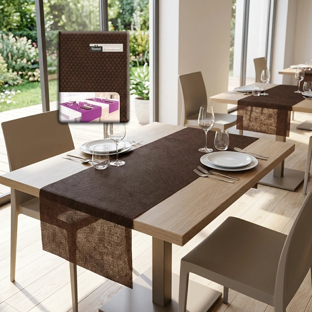 Runner Tnt Marrone Ecostrong cm. 120X48 | Vorrei che i prodotti selezionati siano ambientati in un bel ristorante luminoso e realistico, sono tutti runner monouso in tessuto non tessuto pertanto non dev