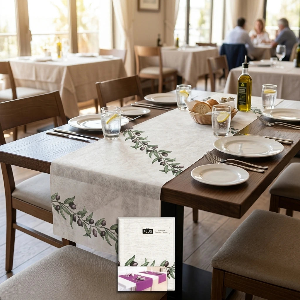 Runner Tnt Olivia Plus cm. 120X48 - 200 pz. | Vorrei che i prodotti selezionati siano ambientati in un bel ristorante luminoso e realistico, sono tutti runner monouso in tessuto non tessuto pertanto non dev