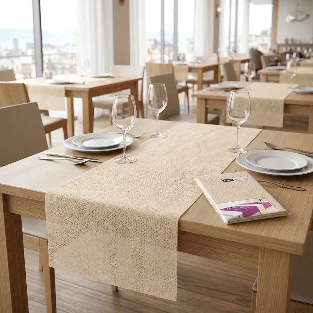 Runner Tnt Sabbia Airspun cm. 120X48 - 200 pz. | Vorrei che i prodotti selezionati siano ambientati in un bel ristorante luminoso e realistico, sono tutti runner monouso in tessuto non tessuto pertanto non dev