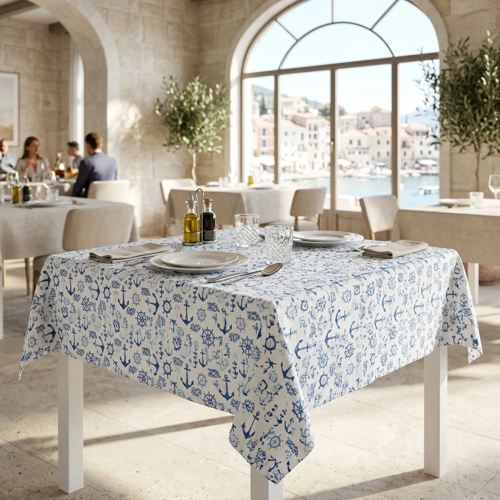 Tovaglia Tnt Approdo Blue Nuvola cm. 100X100 - 80 pz. | Vorrei che i prodotti selezionati siano ambientati in un bel ristorante luminoso e realistico, tutti i prodotti non dovranno avere alcun bordino e coprire tutto