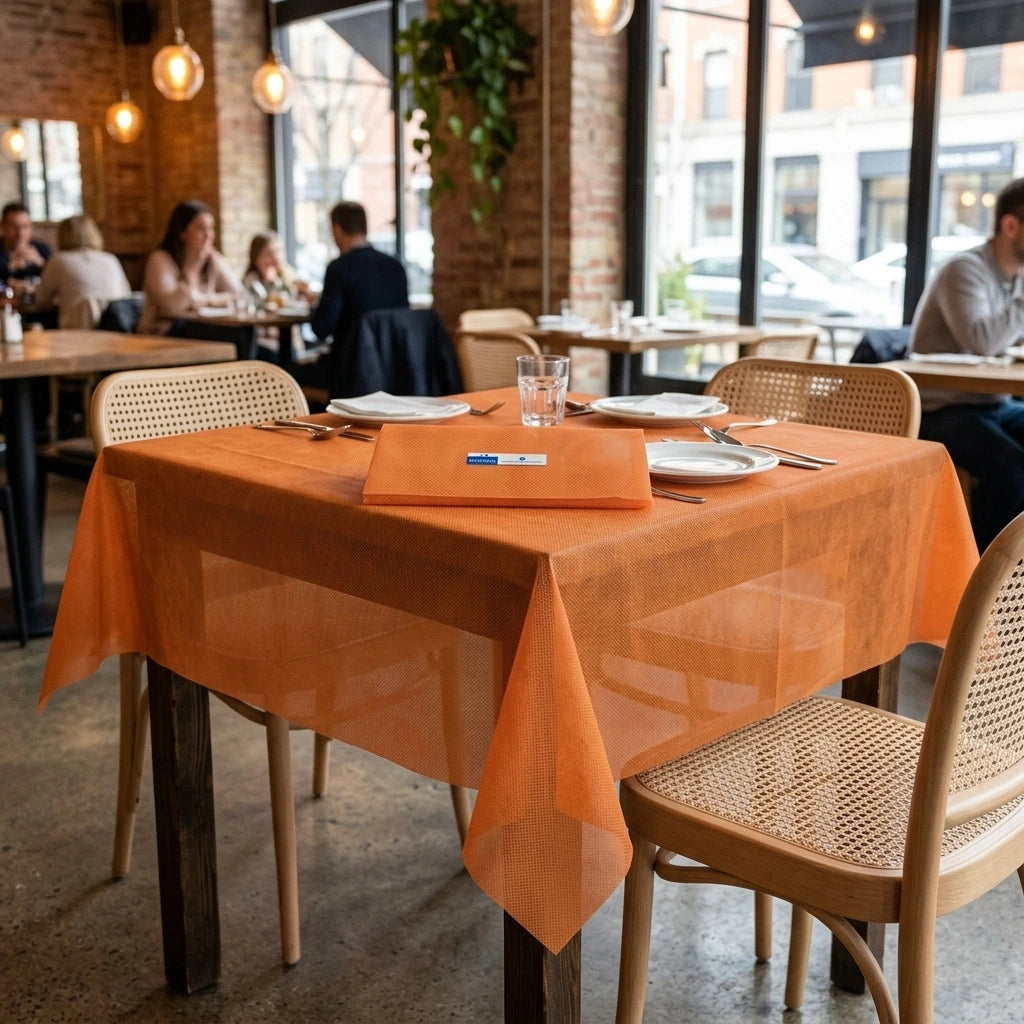 Tovaglia Tnt Arancione Ecostrong cm. 100X100 | Vorrei che i prodotti selezionati siano ambientati in un bel ristorante luminoso e realistico, tutti i prodotti dovranno essere leggermente trasparenti in quant