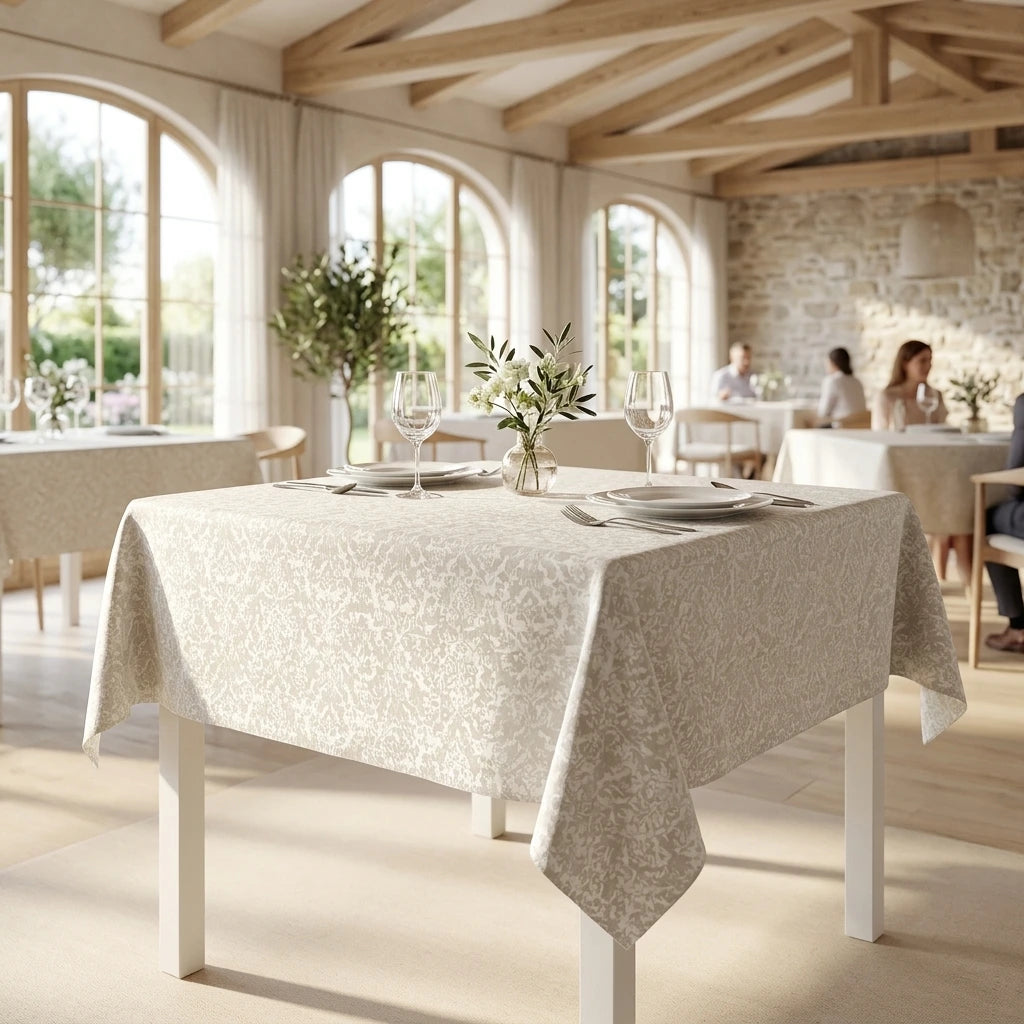 Tovaglia Tnt Baroque Avorio Micro cm. 100X100 - 100 pz. | Vorrei che i prodotti selezionati siano ambientati in un bel ristorante luminoso e realistico, tutti i prodotti non dovranno avere alcun bordino e coprire tutto