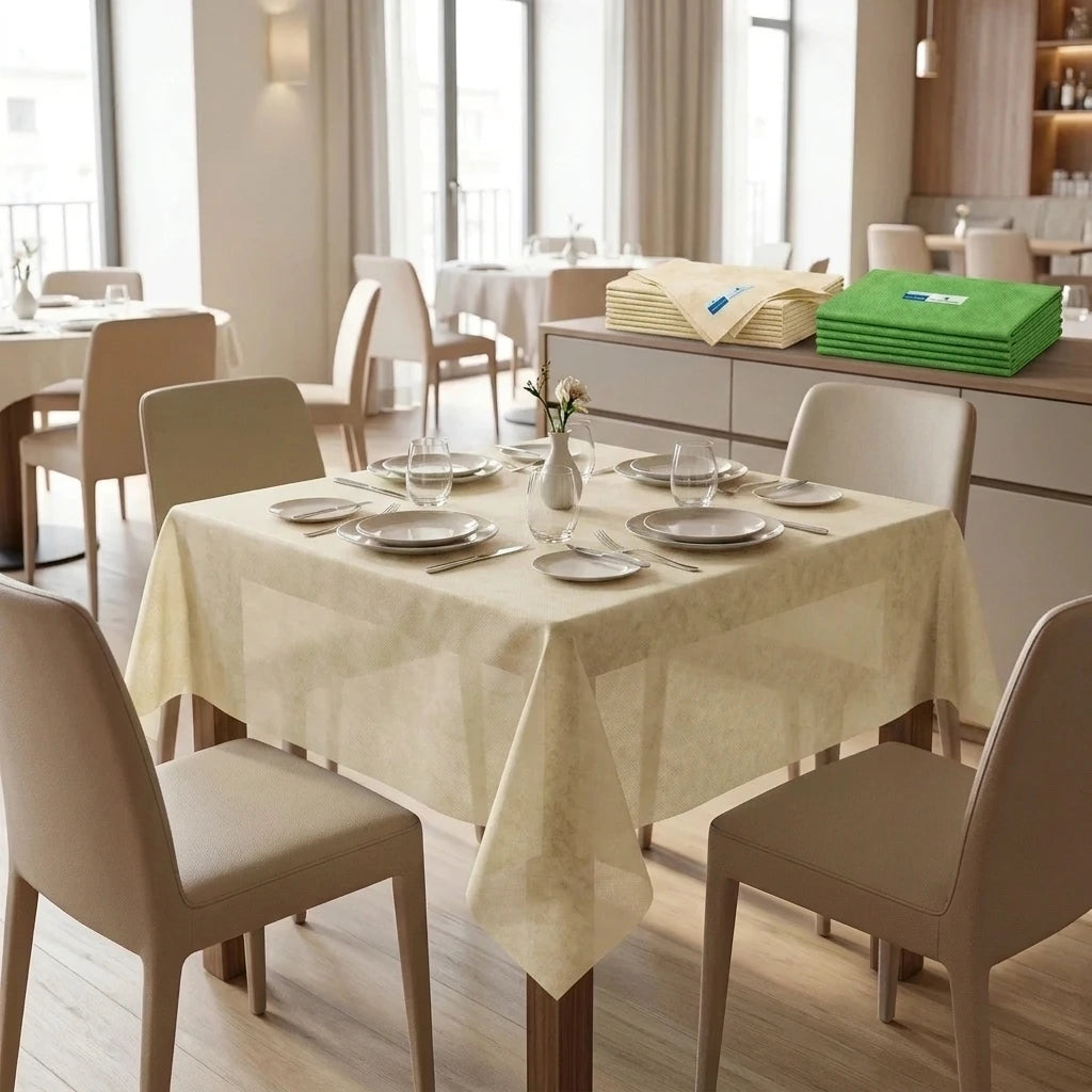 Tovaglia Tnt Crema Airspun cm. 160X160 - 80 pz. | Vorrei che i prodotti selezionati siano ambientati in un bel ristorante luminoso e realistico, tutti i prodotti dovranno essere leggermente trasparenti in quant