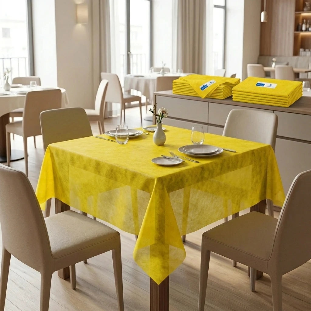 Tovaglia Tnt Giallo Airspun cm. 120X120 - 100 pz. | Vorrei che i prodotti selezionati siano ambientati in un bel ristorante luminoso e realistico, tutti i prodotti dovranno essere leggermente trasparenti in quant