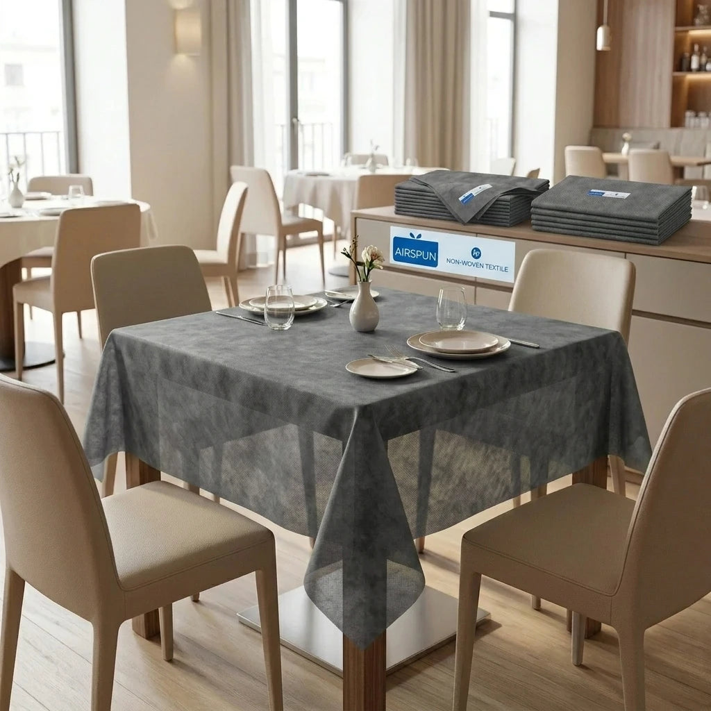 Tovaglia Tnt Grigio Airspun cm. 120X120 - 100 pz. | Vorrei che i prodotti selezionati siano ambientati in un bel ristorante luminoso e realistico, tutti i prodotti dovranno essere leggermente trasparenti in quant