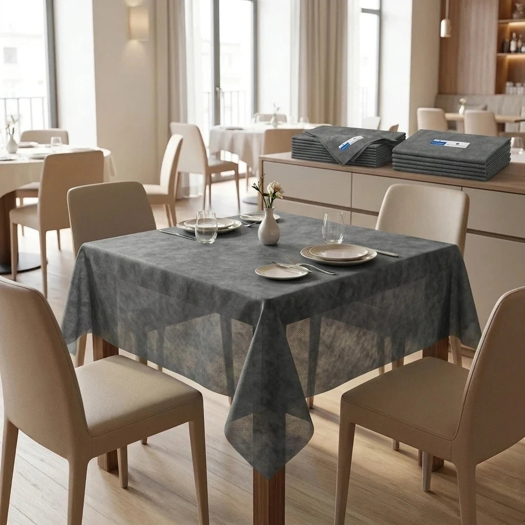 Tovaglia Tnt Grigio Scuro Airspun cm. 140X140 - 80 pz. | Vorrei che i prodotti selezionati siano ambientati in un bel ristorante luminoso e realistico, tutti i prodotti dovranno essere leggermente trasparenti in quant