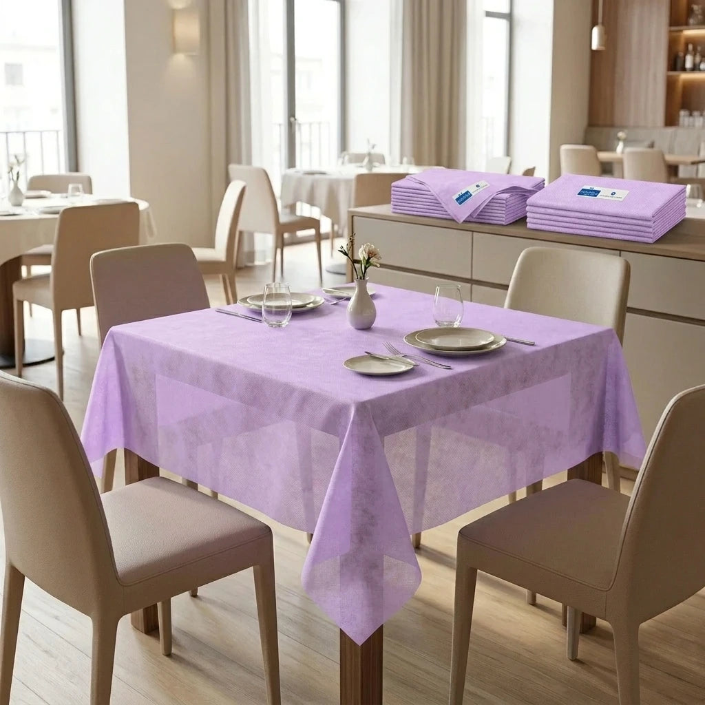 Tovaglia Tnt Lilla Airspun cm. 120X120 - 100 pz. | Vorrei che i prodotti selezionati siano ambientati in un bel ristorante luminoso e realistico, tutti i prodotti dovranno essere leggermente trasparenti in quant