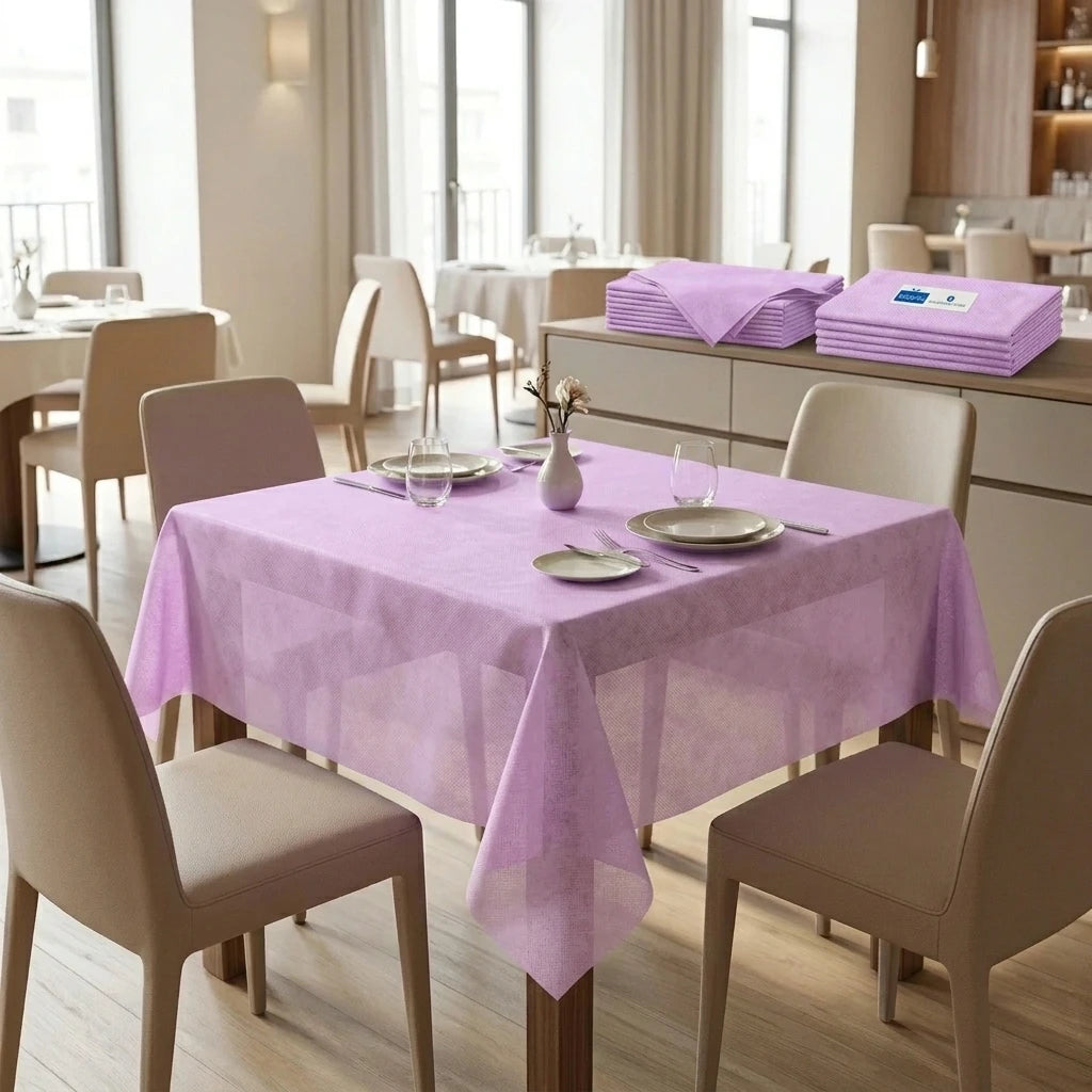 Tovaglia Tnt Lilla Airspun cm. 140X140 - 70 pz. | Vorrei che i prodotti selezionati siano ambientati in un bel ristorante luminoso e realistico, tutti i prodotti dovranno essere leggermente trasparenti in quant