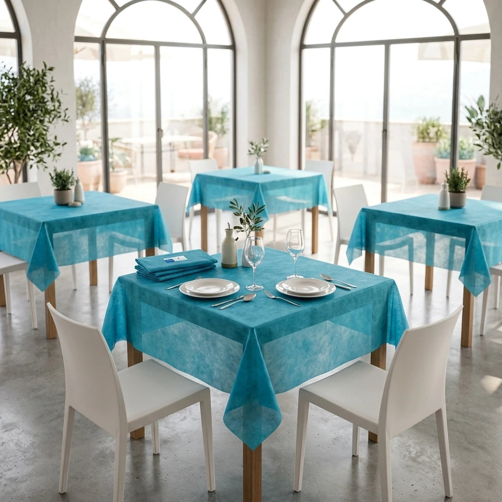 Tovaglia Tnt Mare Airspun cm. 100X100 - 100 pz. | Vorrei che i prodotti selezionati siano ambientati in un bel ristorante luminoso e realistico, tutti i prodotti dovranno essere leggermente trasparenti in quant