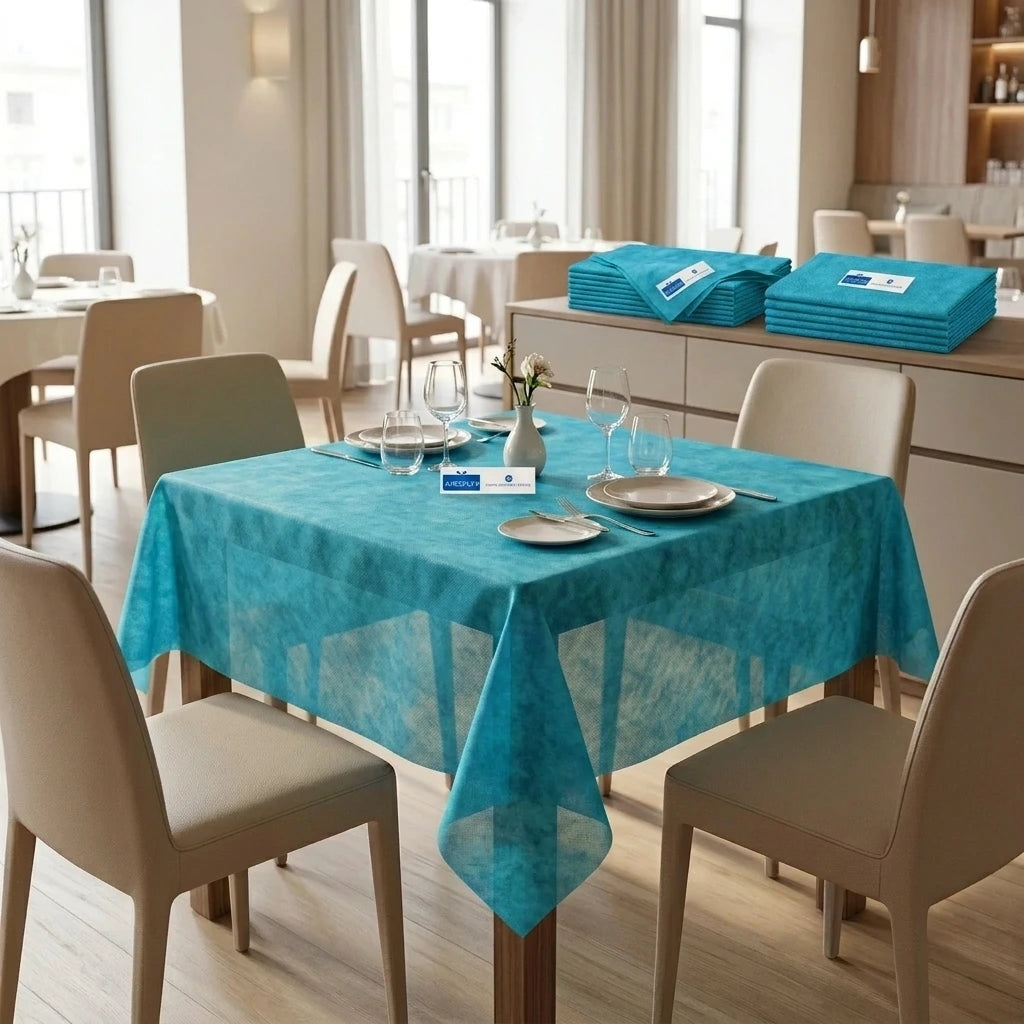 Tovaglia Tnt Mare Airspun cm. 140X140 - 70 pz. | Vorrei che i prodotti selezionati siano ambientati in un bel ristorante luminoso e realistico, tutti i prodotti dovranno essere leggermente trasparenti in quant