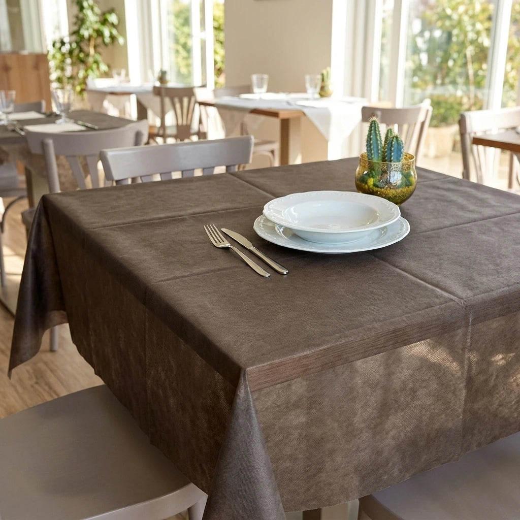 Tovaglia Tnt Marrone Ecostrong  cm. 100X100 | Vorrei che i prodotti selezionati siano ambientati in un bel ristorante luminoso e realistico, tutti i prodotti dovranno essere leggermente trasparenti in quant