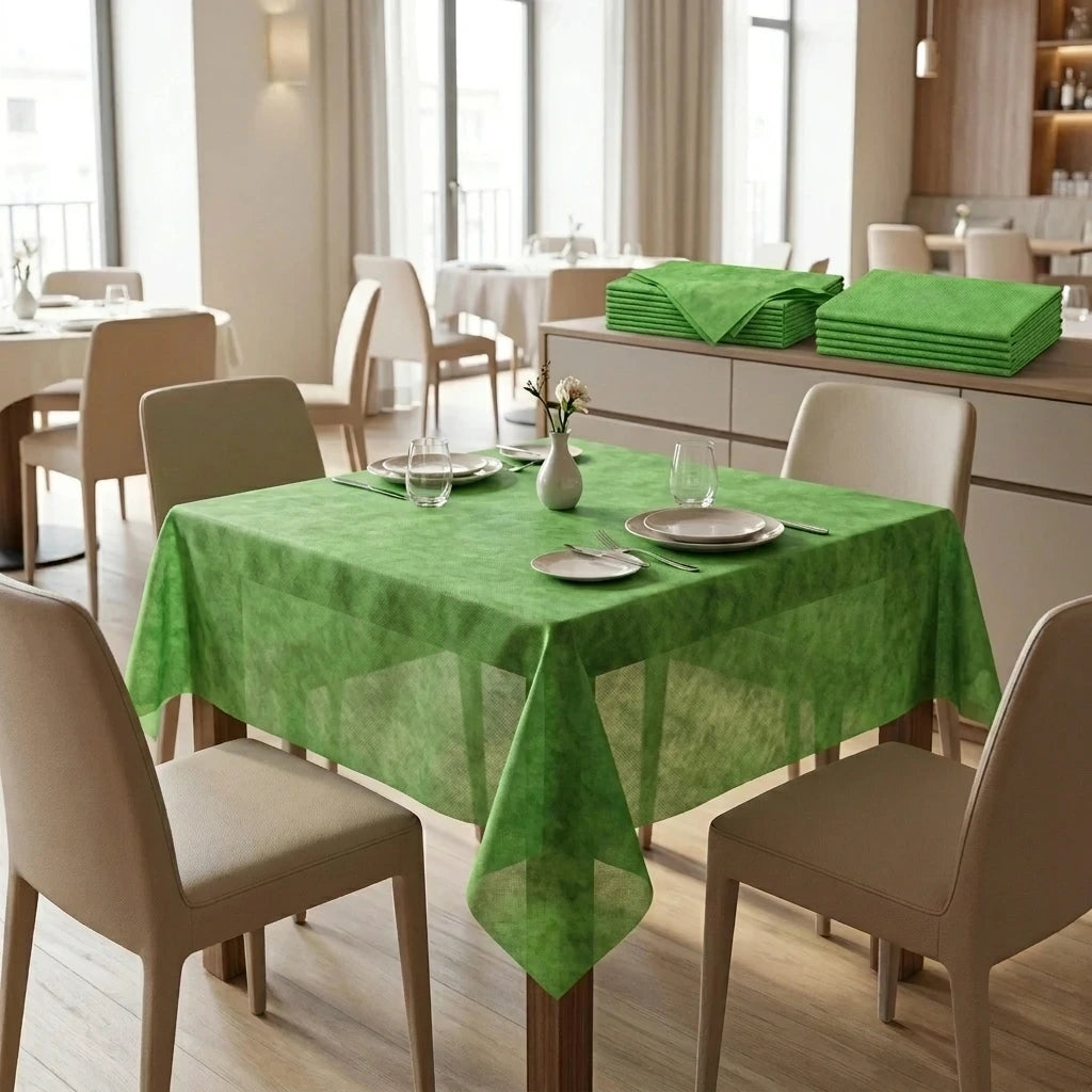 Tovaglia Tnt Mela Airspun cm. 120X120 - 100 pz. | Vorrei che i prodotti selezionati siano ambientati in un bel ristorante luminoso e realistico, tutti i prodotti dovranno essere leggermente trasparenti in quant