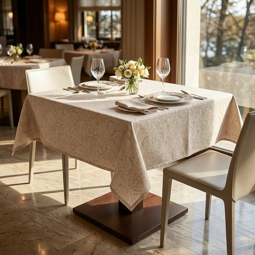 Tovaglia Tnt Victoria Sabbia Plus cm. 100X100 - 100 pz. | Vorrei che i prodotti selezionati siano ambientati in un bel ristorante luminoso e realistico, tutti i prodotti non dovranno avere alcun bordino e coprire tutto