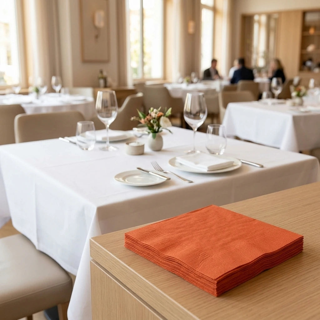 Tovagliolo Arancio Airwave cm. 20X20 – 3200 pz. | Vorrei che i prodotti selezionati siano ambientati in un bel ristorante luminoso e realistico, sono tutti tovaglioli monouso in carta monouso pertanto non devon