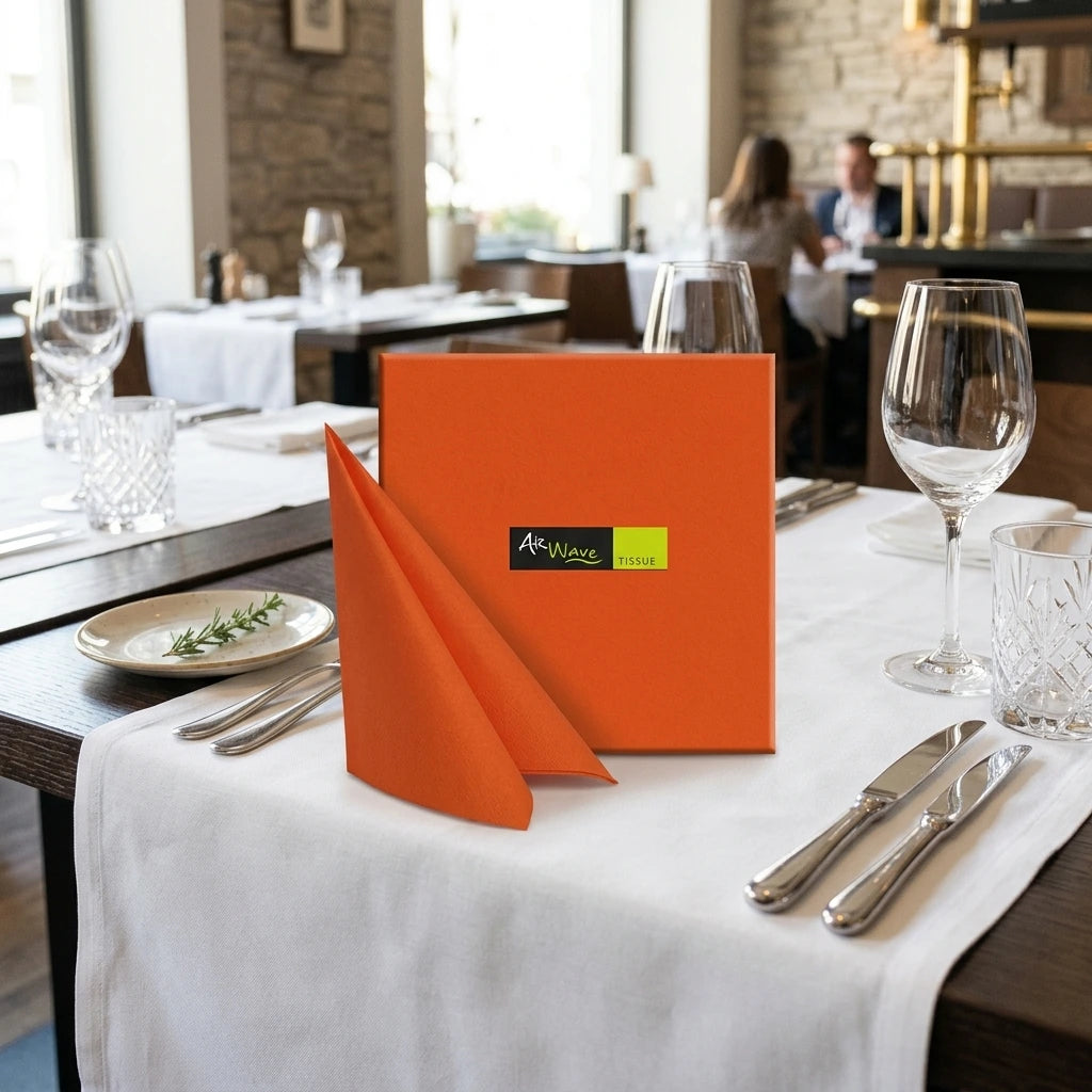 Tovagliolo Arancio Airwave cm. 33X33 - 1200 pz. | Vorrei che i prodotti selezionati siano ambientati in un bel ristorante luminoso e realistico, sono tutti tovaglioli monouso in carta monouso pertanto non devon