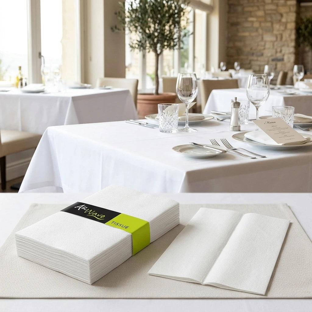 Tovagliolo Bianco Airwave piegato 1/8 cm. 40X40 - 1200 pz. | Vorrei che i prodotti selezionati siano ambientati in un bel ristorante luminoso e realistico, sono tutti tovaglioli monouso in carta monouso pertanto non devon