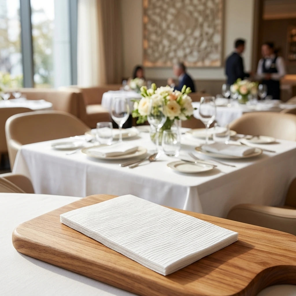 Tovagliolo Bianco Onda Airwave cm. 40X30 - 1200 pz. | Vorrei che i prodotti selezionati siano ambientati in un bel ristorante luminoso e realistico, sono tutti tovaglioli monouso in carta monouso pertanto non devon