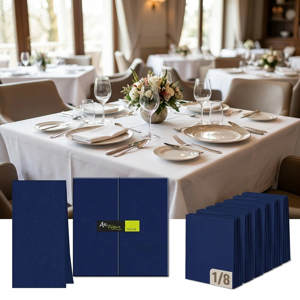 Tovagliolo Blue Airwave piegato 1/8 cm. 40X40 - 1200 pz. | Vorrei che i prodotti selezionati siano ambientati in un bel ristorante luminoso e realistico, sono tutti tovaglioli monouso in carta monouso pertanto non devon