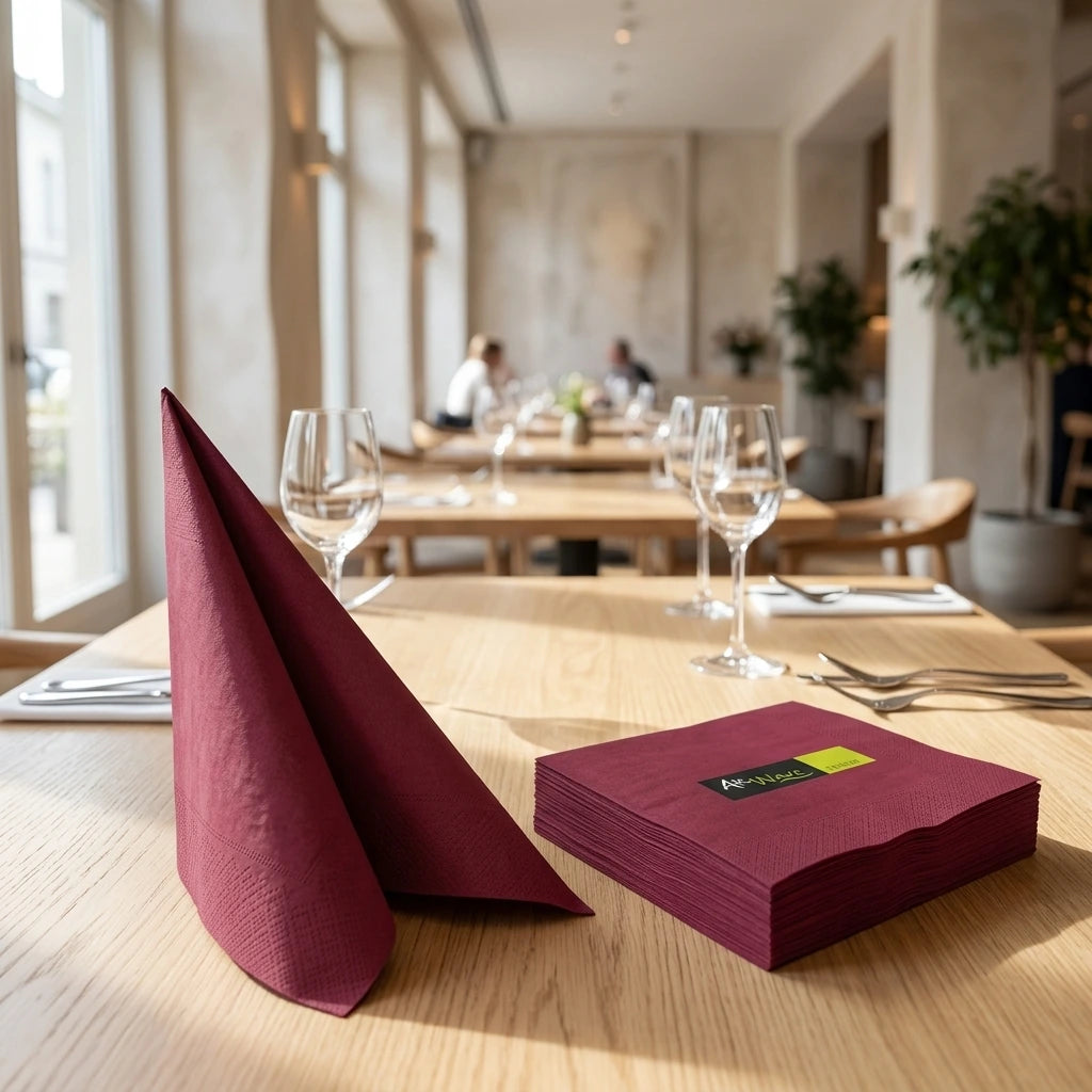 Tovagliolo Bordeaux Airwave cm. 33X33 - 1200 pz. | Vorrei che i prodotti selezionati siano ambientati in un bel ristorante luminoso e realistico, sono tutti tovaglioli monouso in carta pertanto non devono assolu