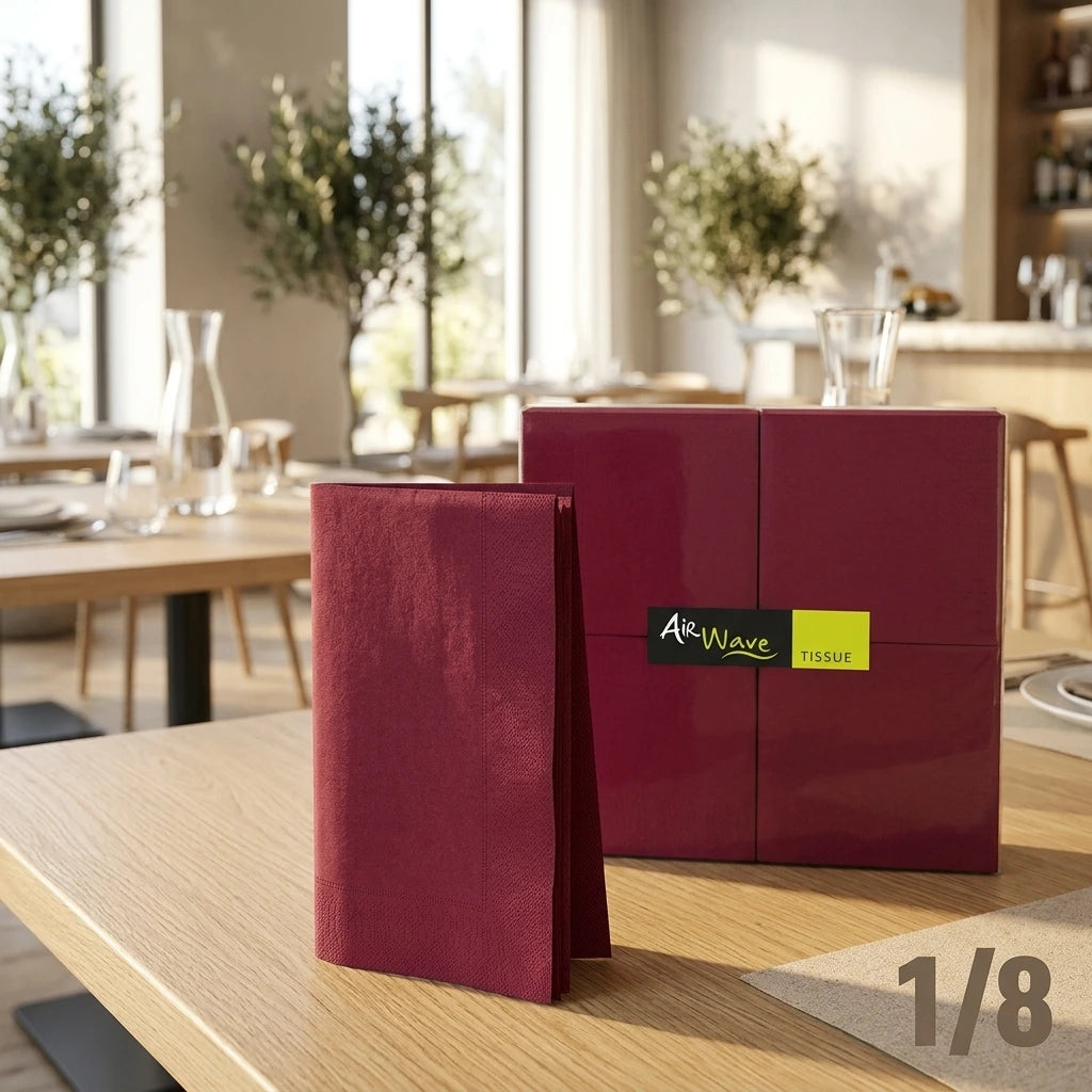 Tovagliolo Bordeaux Airwave piegato 1/8 cm. 40X40 - 1200 pz. | Vorrei che i prodotti selezionati siano ambientati in un bel ristorante luminoso e realistico, sono tutti tovaglioli monouso in carta pertanto non devono assolu