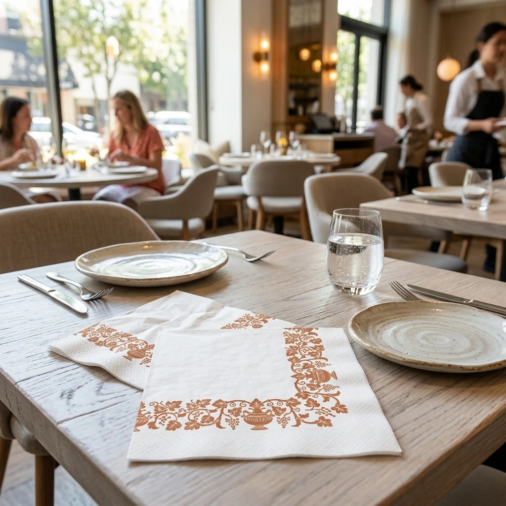 Tovagliolo Country Ocra Airwave cm. 40X40 - 1200 pz. | Vorrei che i prodotti selezionati siano ambientati in un bel ristorante luminoso e realistico, sono tutti tovaglioli monouso in carta pertanto non devono assolu