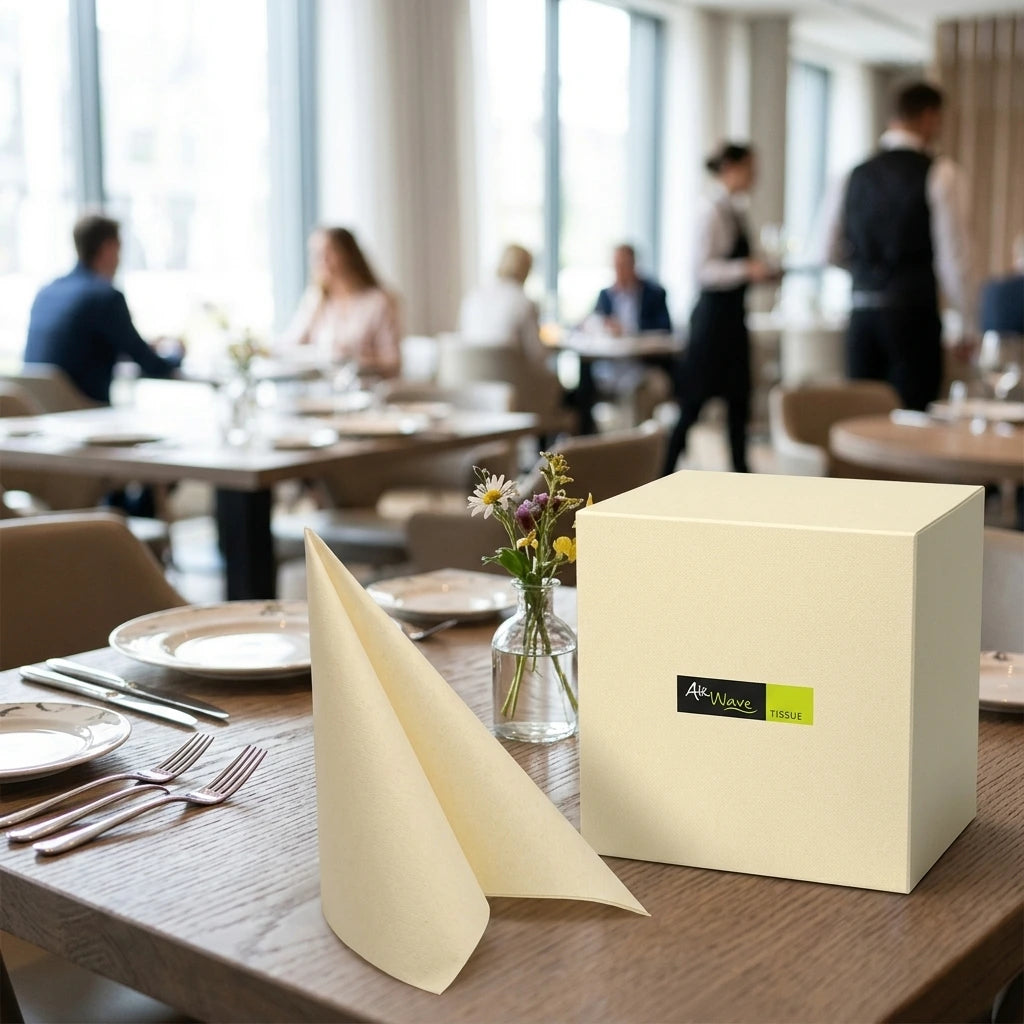 Tovagliolo Crema Airwave cm. 33X33 - 1200 pz. | Vorrei che i prodotti selezionati siano ambientati in un bel ristorante luminoso e realistico, sono tutti tovaglioli monouso in carta pertanto non devono assolu