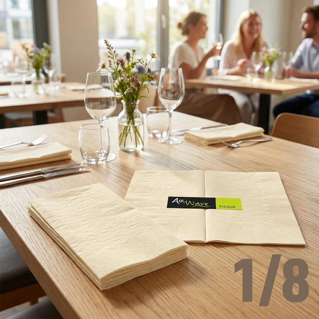 Tovagliolo Crema Airwave pieato 1/8 cm. 40X40 - 1200 pz. | Vorrei che i prodotti selezionati siano ambientati in un bel ristorante luminoso e realistico, sono tutti tovaglioli monouso in carta pertanto non devono assolu