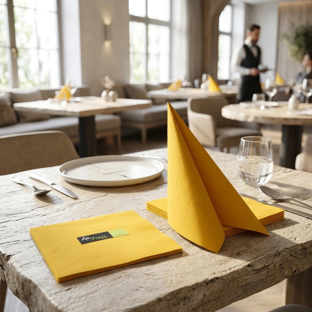 Tovagliolo Giallo Airwave cm. 33X33 - 1200 pz. | Vorrei che i prodotti selezionati siano ambientati in un bel ristorante luminoso e realistico, sono tutti tovaglioli monouso in carta pertanto non devono assolu