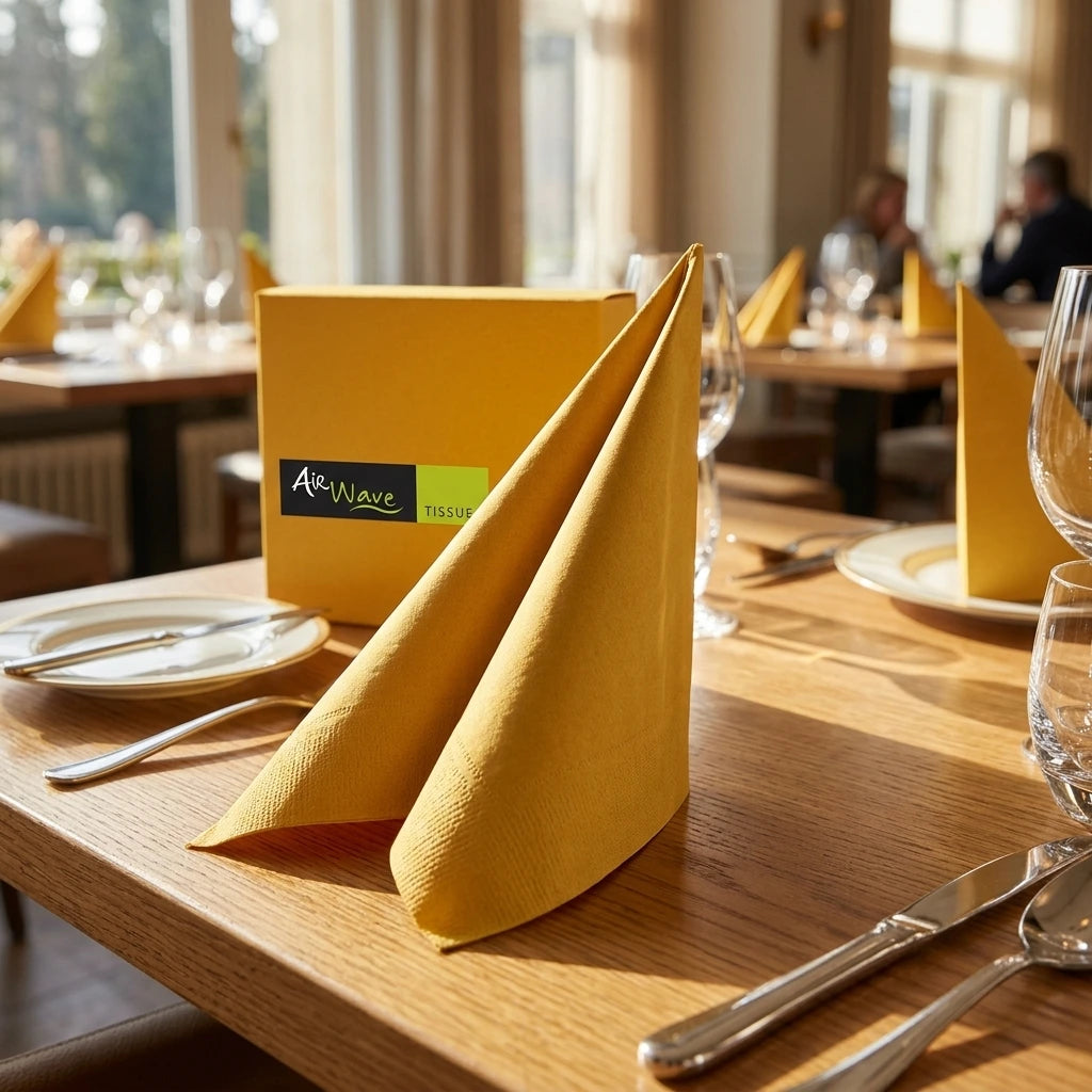 Tovagliolo Giallo Airwave cm. 40X40 - 1200 pz. | Vorrei che i prodotti selezionati siano ambientati in un bel ristorante luminoso e realistico, sono tutti tovaglioli monouso in carta pertanto non devono assolu