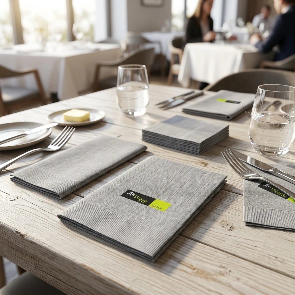 Tovagliolo Jill Nero Multisoft Airwave cm. 44X44 - 800 pz. | Vorrei che i prodotti selezionati siano ambientati in un bel ristorante luminoso e realistico, sono tutti tovaglioli monouso in carta pertanto non devono assolu