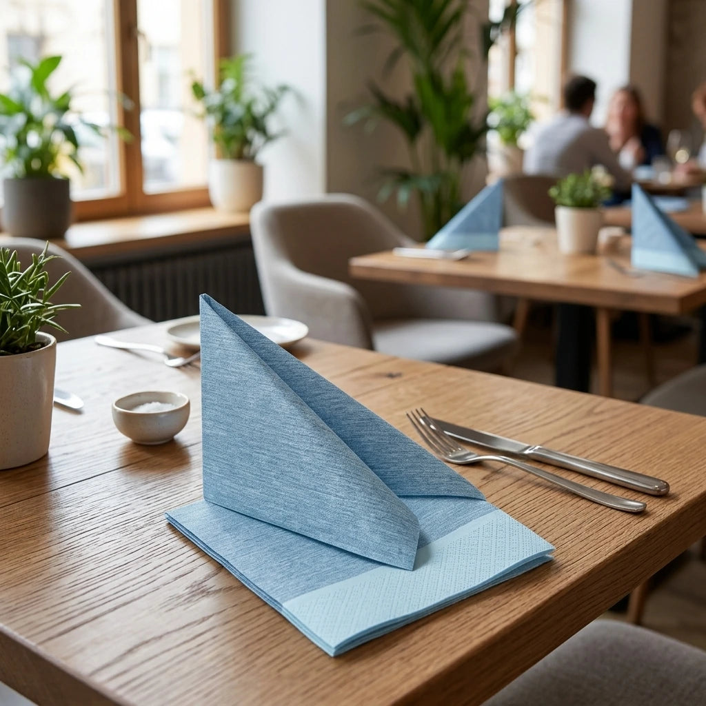Tovagliolo Jolie Blue Onda Airwave cm. 40X40 - 800 pz. | Vorrei che i prodotti selezionati siano ambientati in un bel ristorante luminoso e realistico, sono tutti tovaglioli monouso in carta pertanto non devono assolu