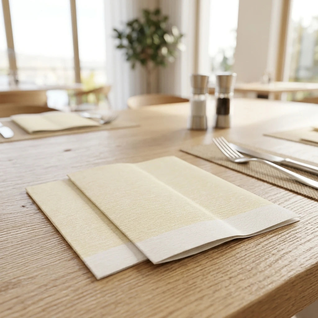 Tovagliolo Jolie Crema Onda Airwave cm. 40X40 - 800 pz. | Vorrei che i prodotti selezionati siano ambientati in un bel ristorante luminoso e realistico, sono tutti tovaglioli monouso in carta pertanto non devono assolu