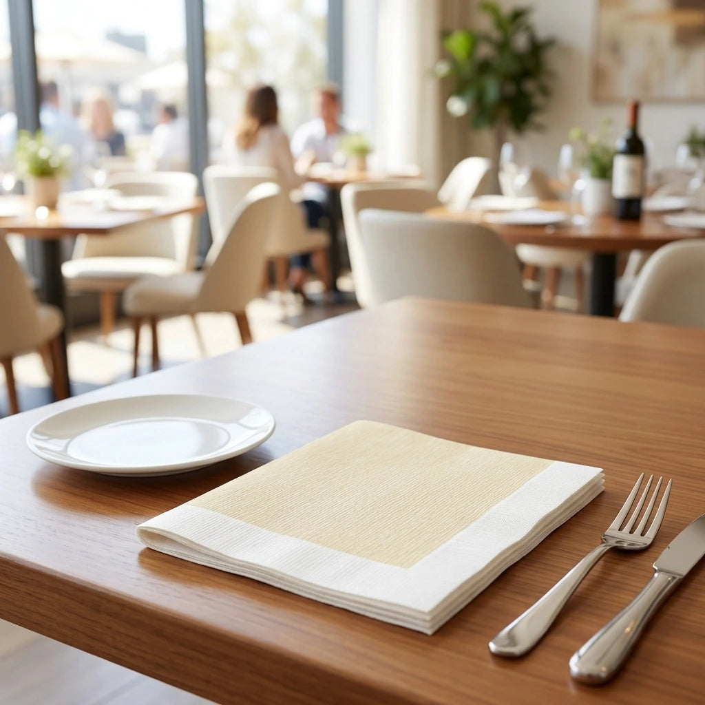 Tovagliolo Jolie Crema Onda Airwave cm. 44X44 - 800 pz. | Vorrei che i prodotti selezionati siano ambientati in un bel ristorante luminoso e realistico, sono tutti tovaglioli monouso in carta pertanto non devono assolu