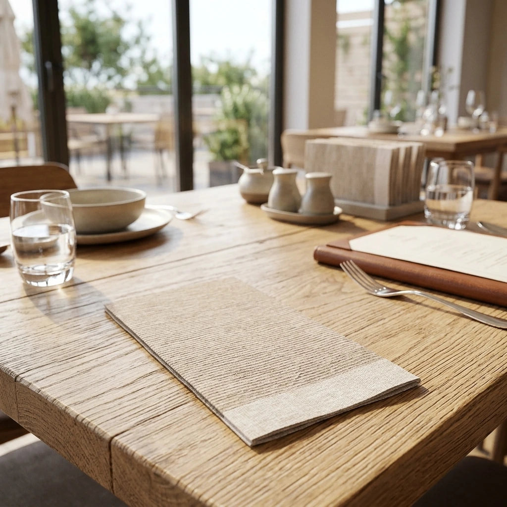 Tovagliolo Jolie Nocciola Onda Airwave cm. 40X24 - 1200 pz. | Vorrei che i prodotti selezionati siano ambientati in un bel ristorante luminoso e realistico, sono tutti tovaglioli monouso in carta pertanto non devono assolu