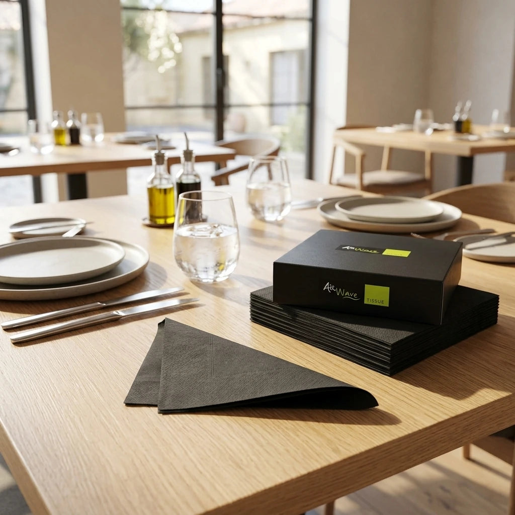Tovagliolo Nero Airwave cm. 33X33 - 1200 pz. | Vorrei che i prodotti selezionati siano ambientati in un bel ristorante luminoso e realistico, sono tutti tovaglioli monouso in carta pertanto non devono assolu