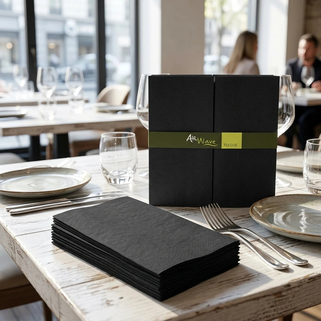 Tovagliolo Nero Airwave piegato 1/8 cm. 40X40 - 1200 pz. | Vorrei che i prodotti selezionati siano ambientati in un bel ristorante luminoso e realistico, sono tutti tovaglioli monouso in carta pertanto non devono assolu