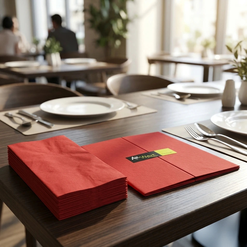 Tovagliolo Rosso Airwave piegato 1/8 cm. 40X40 - 1200 pz. | Vorrei che i prodotti selezionati siano ambientati in un bel ristorante luminoso e realistico, sono tutti tovaglioli monouso in carta pertanto non devono assolu