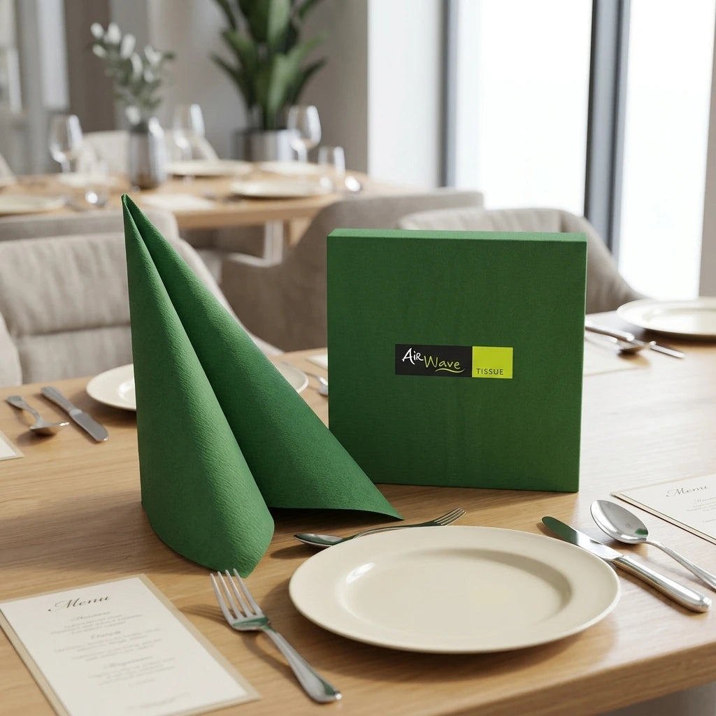 Tovagliolo Verde Airwave cm. 40X40 - 1200 pz. | Vorrei che i prodotti selezionati siano ambientati in un bel ristorante luminoso e realistico, sono tutti tovaglioli monouso in carta pertanto non devono assolu